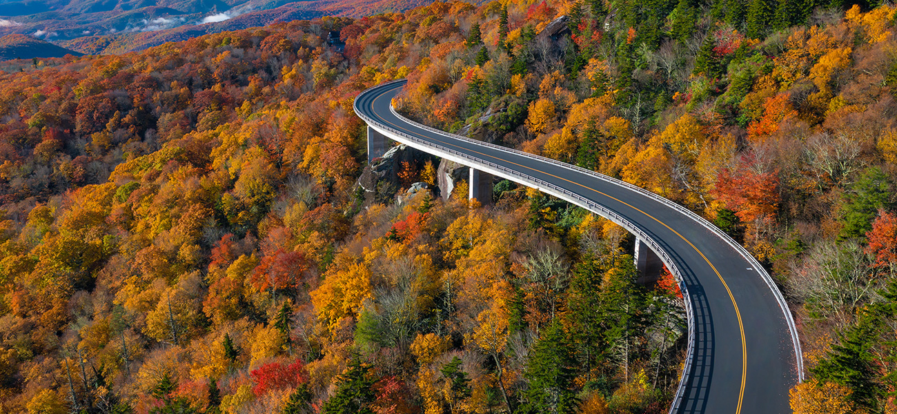 Scenic road and fall foliage at Blue Ridge Parkway in Asheville.