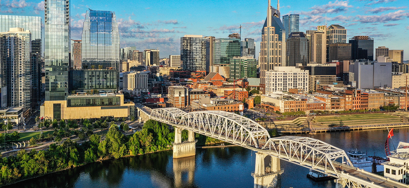  Downtown Nashville skyline overlooking the Cumberland River.
