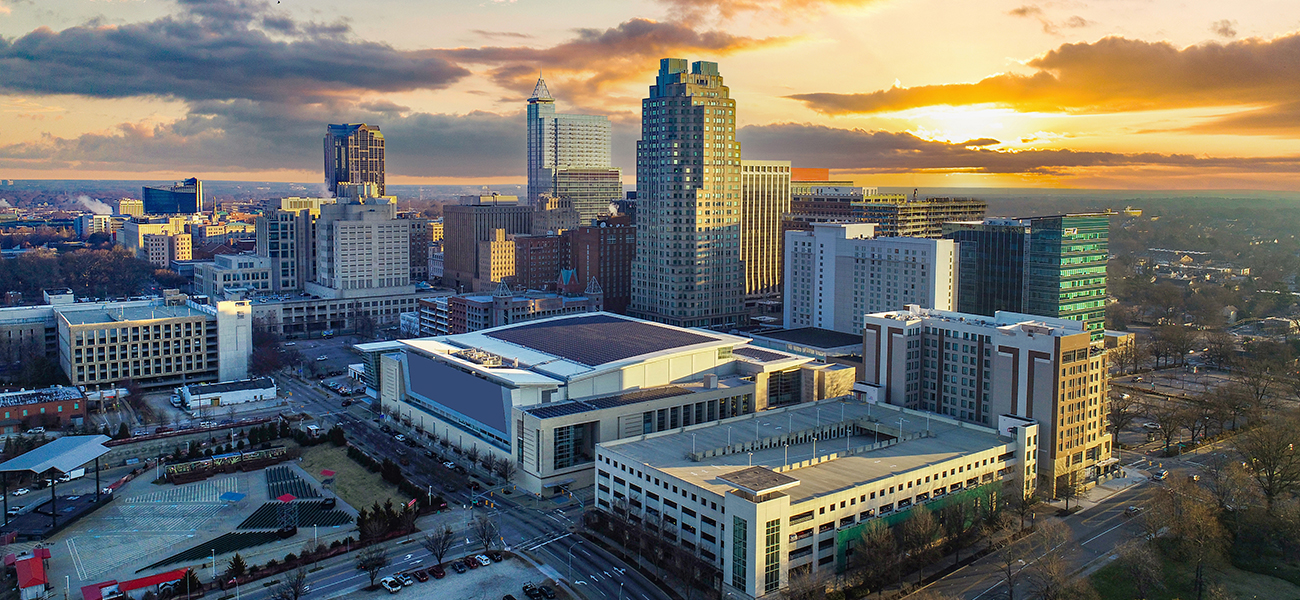 Sunset skyline of Downtown Raleigh.