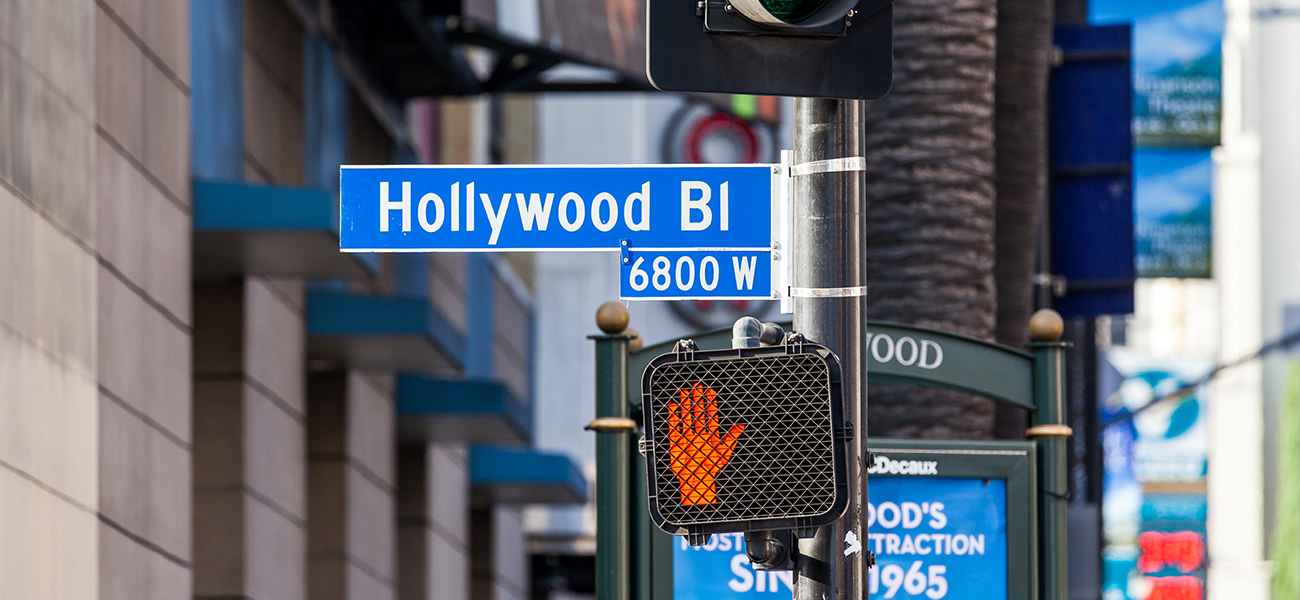 Hollywood Boulevard street sign, home to the Hollywood Walk of Fame.