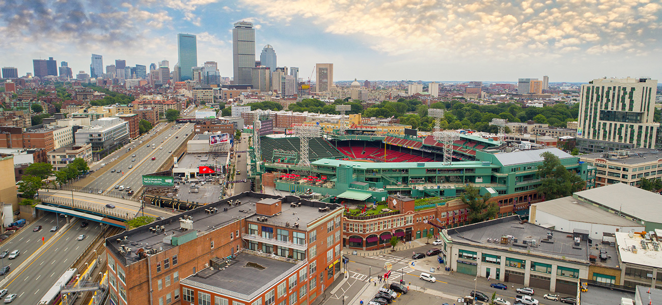 Aerial view of Fenway Park and Boston.